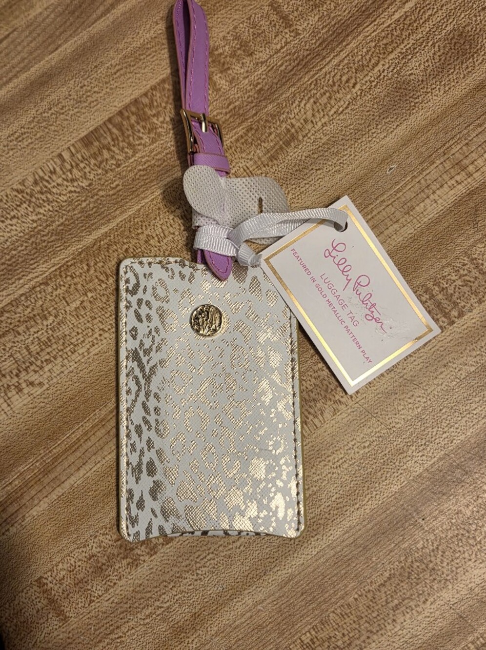Lilly Pulitzer White and Gold Leopard Luggage Tag with Pink Straplil NWT